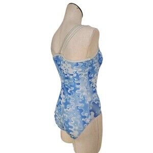 GK Elite VTG 90s Whistling Waves Blue White Strappy Tank Leotard Size AL Adult L